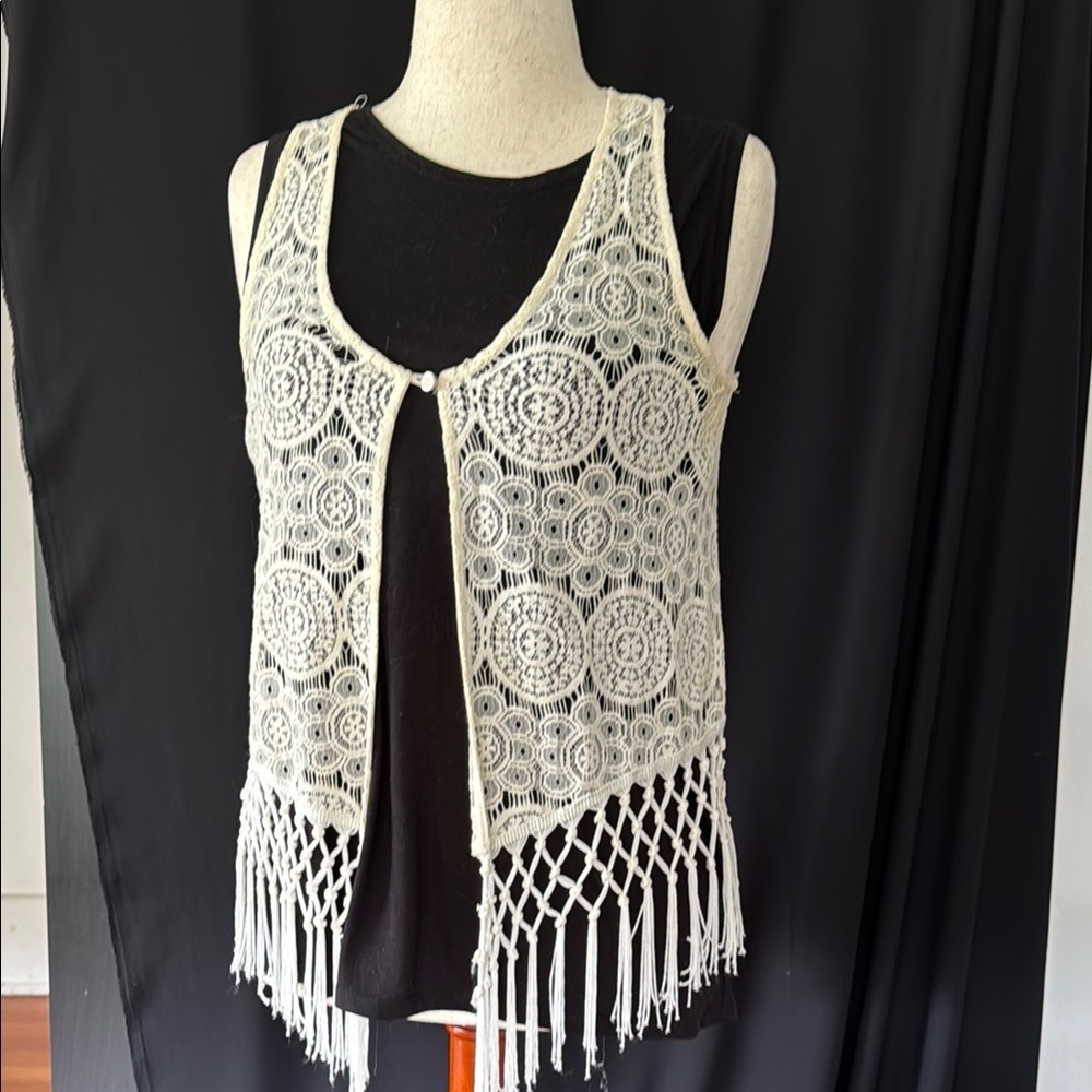 Monteau Crochet Fringe Vest, Large + Black Tank